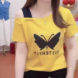 เสื้อยืดแขนสั้นเปิดไหล่ประดับเพชรลายผีเสื้อสุดฮิตประจำฤดูร้อน สไตล์เกาหลี เก๋ไก๋ ช่วยให้ดูผอมเพรียว และเหมาะสำหรับสวมใส่