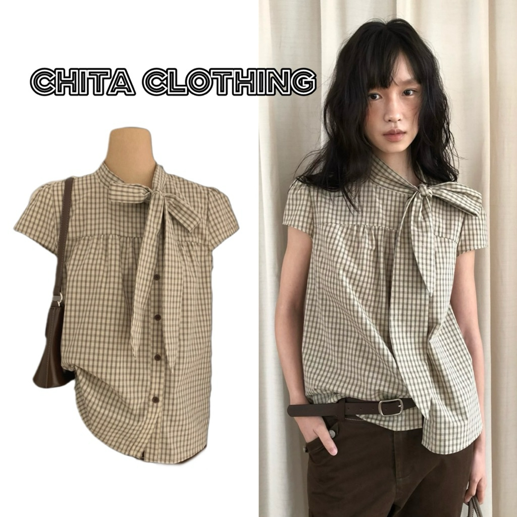 9236# เสื้อแขนสั้น ลายสกอต งานกระดุมหน้า มีโบว์ผูกช่วงคอ เนื้อผ้าดี งานสวย TAG:WG.WE 🇰🇷