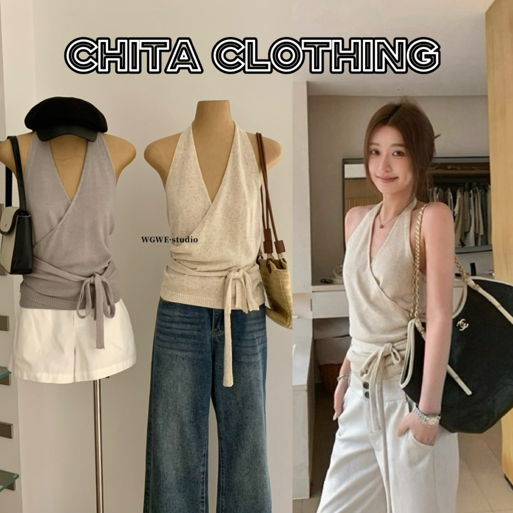 9251# เสื้อแขนกุด ผ้าไหมพรม ดีไซไขว้ด้านหน้า เย็บติดเชือกผูกเอว เนื้อผ้าดี งานสวย  TAG:WG.WE 🇰🇷