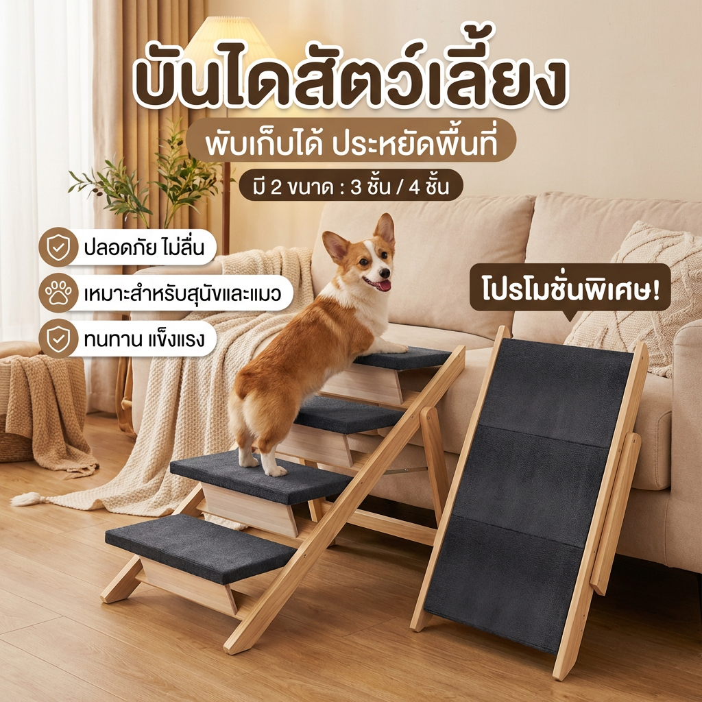 บันไดสัตว์เลี้ยงพับได้ กันลื่น ประหยัดพื้นที่ 3/4 ขั้น สำหรับสุนัขและแมว ขึ้นเตียงขึ้นโซฟา