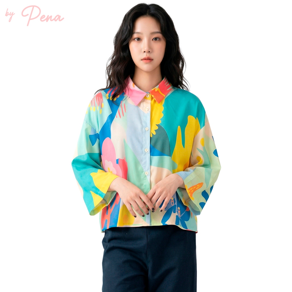 By Pena เสื้อเชิ้ตแขนสามส่วน ลายกราฟิกดอกไม้ Multi-Color BPSL032606