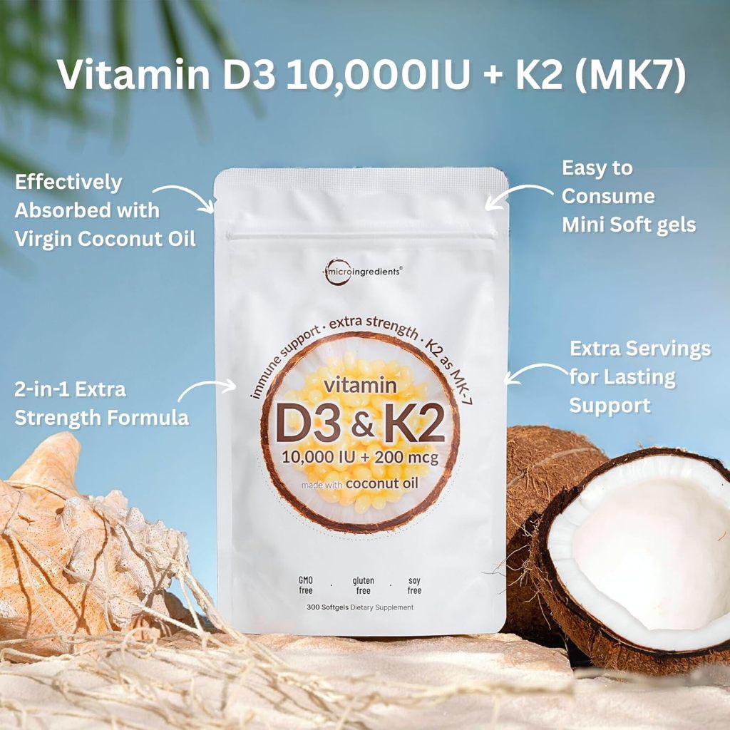 วิตามินดี3+เค2 D3 10000iu K2 MK7 200mcg ช่วยดูดซึมแคลเซียม 300 Softgels น้ำมันมะพร้าว