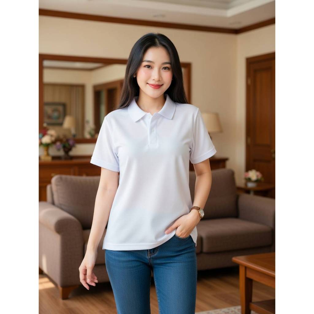 เสื้อโปโลหญิง สีขาว แขนปล่อย สินค้าราคาถูก คุณภาพดี ราคาโรงงาน
