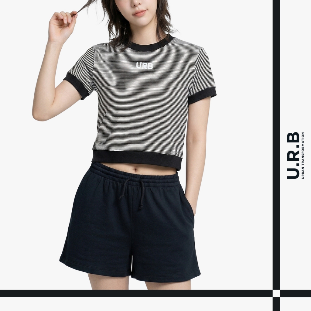 URBAN : WOMEN'S STRIPED CROP TOP  เสื้อครอปผู้หญิง เอวจั้มพ์ ลายริ้ว รุ่น 1UTWT1069 สี Black - แบล็ค