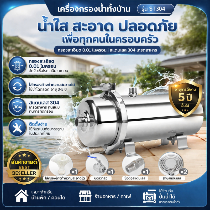 เครื่องกรองน้ำทั้งบ้าน PVDF ไส้กรองทำความสะอาดตัวเอง กรองน้ำสะอาด ปลอดภัย ติดตั้งง่าย ใช้ได้นาน 3-5 ปี