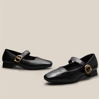 VONICA เกาหลี รองเท้าส้นสูงผู้หญิง Mary Jane แฟชั่น Retro สไตล์ One-line Buckle Square Toe รองเท้า