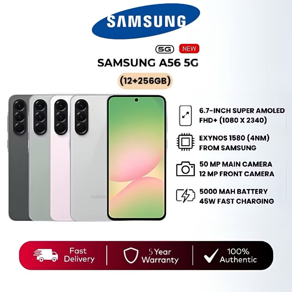 Samsung Galaxy A56 5G 12+256GB สมาร์ทโฟนขนาดหน้าจอ 6.7 นิ้ว | แบตเตอรี่ 5,000 mAh | มาพร้อมกล้อง 50 