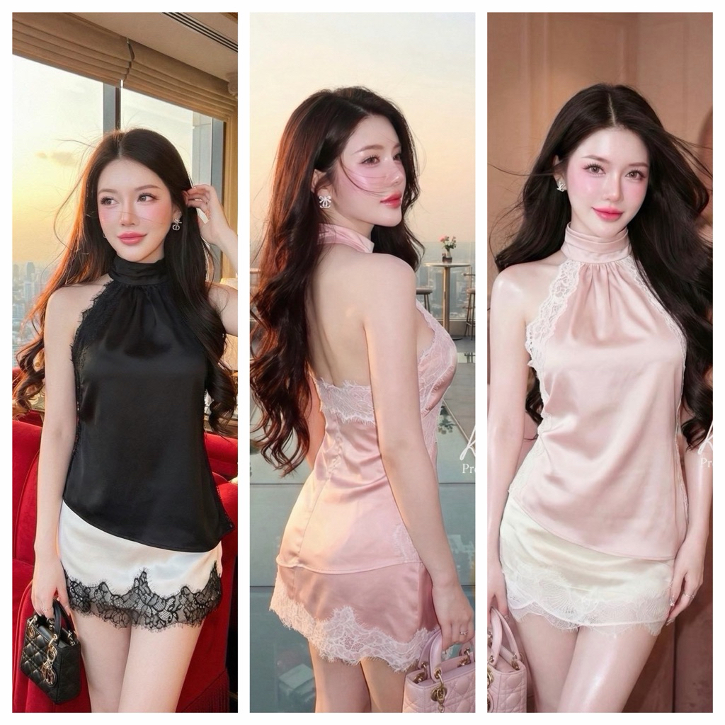 เซ็ต 2 ชิ้น เสื้อ+กระโปรง ผ้าซาติน ใส่ออกงาน/เที่ยว พร้อมส่ง”