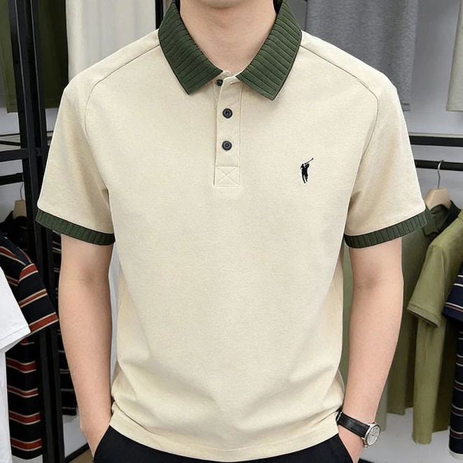 เสื้อโปโลแขนสั้นผู้ชาย สีเขียว คอปก ผ้าฝ้ายเนื้อนุ่ม สไตล์คลาสสิก สวมใส่สบาย