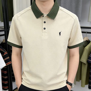 เสื้อโปโลแขนสั้นผู้ชาย สีเขียว คอปก ผ้าฝ้ายเนื้อนุ่ม สไตล์คลาสสิก สวมใส่สบาย