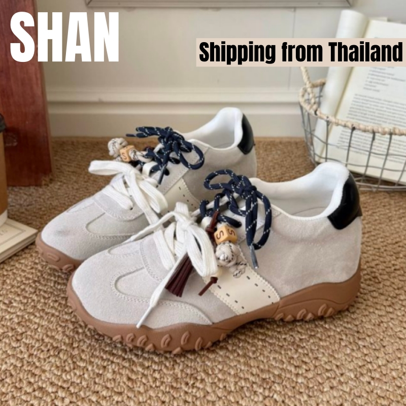 🚚จัดส่งจากประเทศไทย - รองเท้าผ้าใบผู้หญิง รองเท้าลำลองสไตล์เรโทร รองเท้าส้นสูง