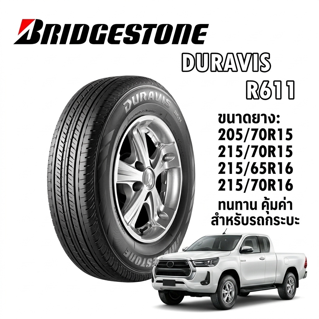 ยางรถยนต์กระบะขนาด 205/70R15 ,215/70R15 ,215/65R16 ,215/70R16 รุ่น DURAVIS R611 ยี่ห้อ Bridgestone