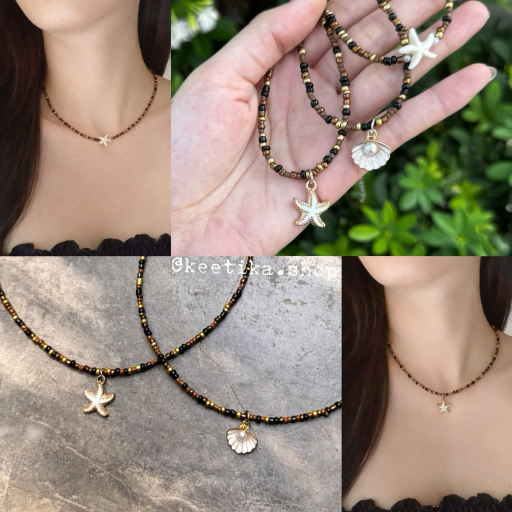 (พร้อมส่ง🇹🇭)✨สร้อยลูกปัดแฮนด์เมด Handmade สร้อยลูกปัดทะเล โทนเข้ม เรียบหรู | Elegant Dark Ocean Necklace ☀️🏖️🏝️