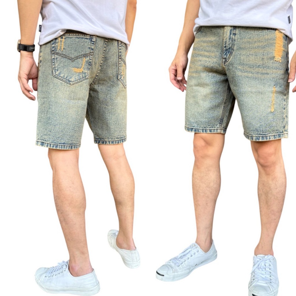 JXP 505 Shorts Men's กางเกงยีนส์ขาสั้นชายสียีนส์ฟอกสนิมแต่งสะกิดขาด ทรงสวย ขาสั้นความยาวเหนือเข่า เป้าซิป Size 28-36