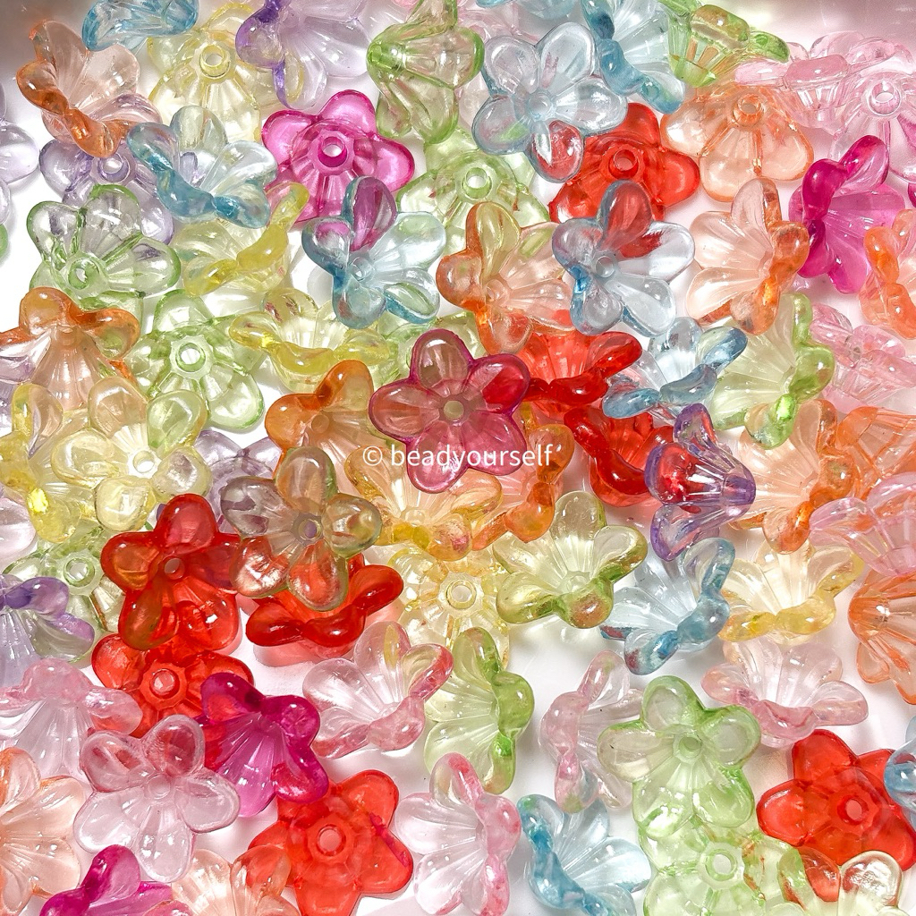 ลูกปัดดอกไม้ ดอกผักบุ้งใส คละสี (25ชิ้น) 12มิล