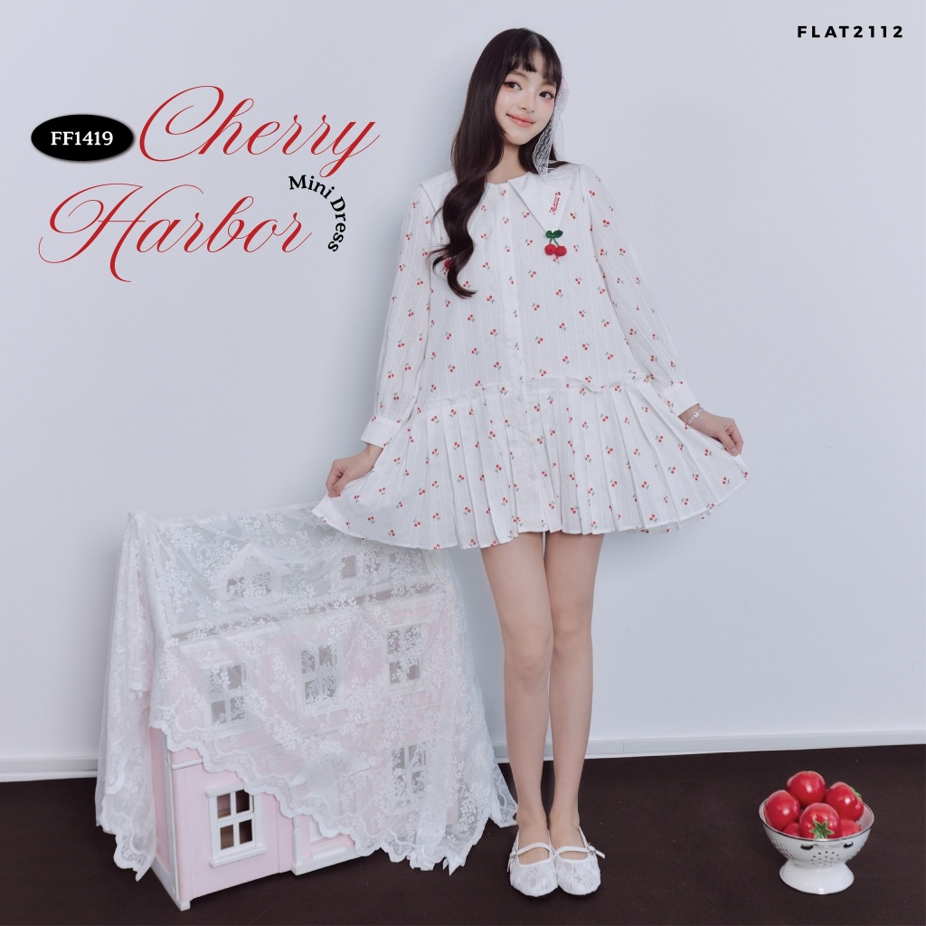 FLAT2112 : CHERRY HARBOR MINI DRESS เดรสสั้นลายเชอร์รี่ เดรสเชอร์รี่ เดรสคอปกลายเชอร์รี่ เดรสสั้นน่ารัก เดรสลูกคุณ (FF14