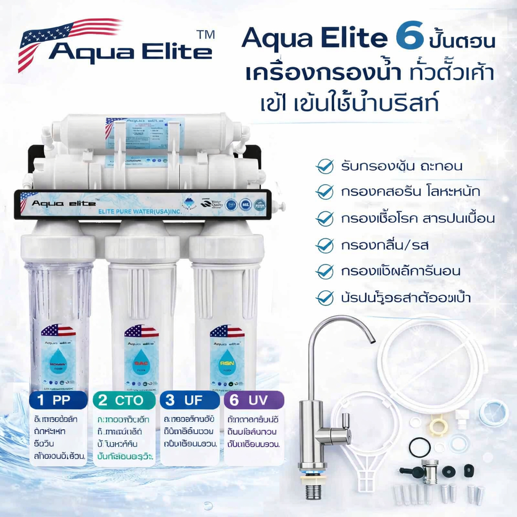 AquaElite เครื่องกรองน้ำดื่ม 6 ขั้นตอน 6 Stage Water Filter น้ำสะอาด ปลอดภัย กรองคลอรีน สนิม ตะกอน ลดหินปูน ปรับรสน้ำให้