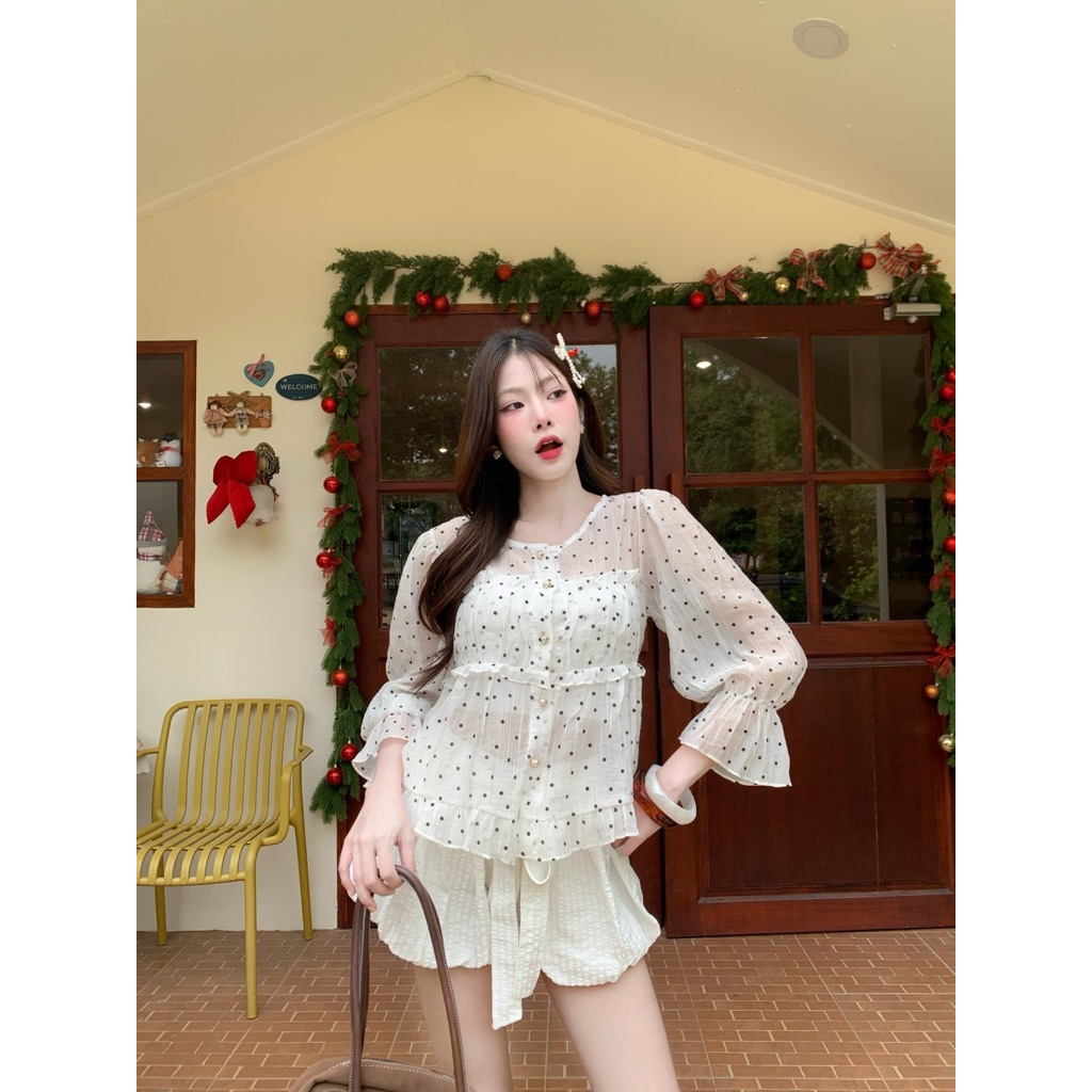 เสื้อแขนยาว กระดุมหัวใจมุกแกะใช้งานได้จริง จั้มปลายแขนระบายแขนสุดน่ารัก PP19