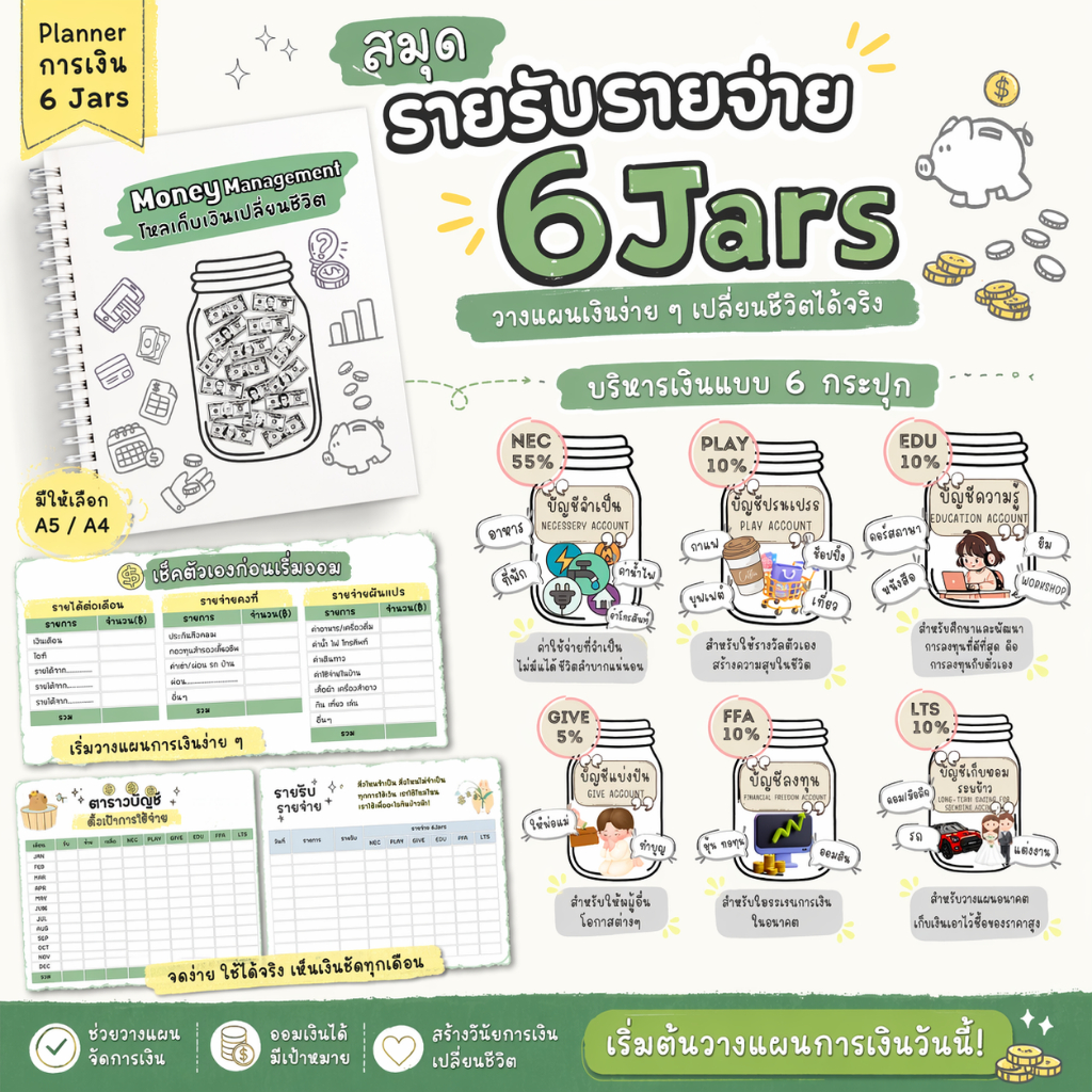 สมุดรายรับรายจ่าย 6 Jars – วางแผนเงินง่าย เปลี่ยนชีวิต มีเงินเก็บได้จริง