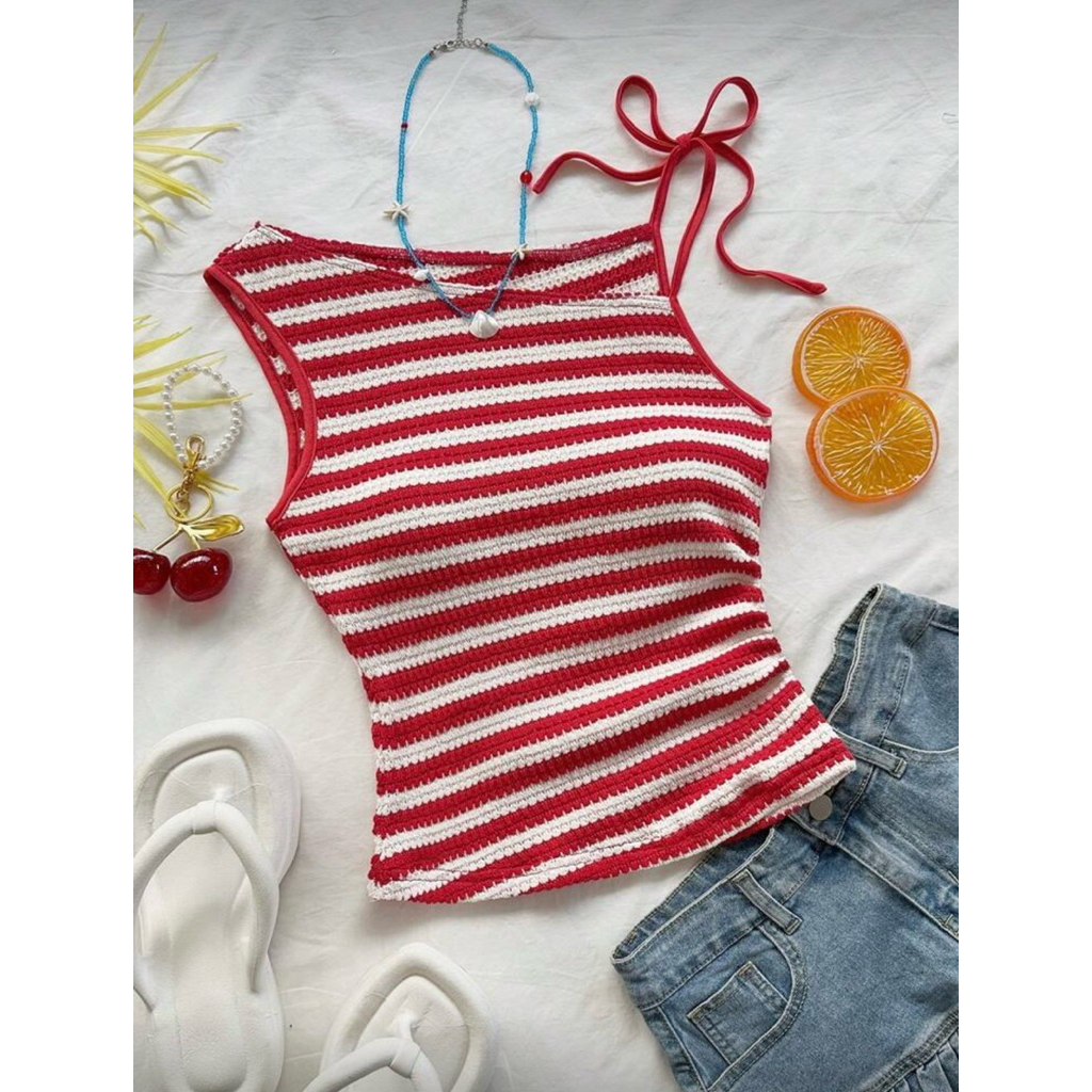 (พร้อมส่ง)เสื้อแขนกุด ผูกไหล่ ลายทาง SHEIN
