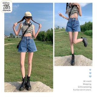กางเกงยีนส์ขาสั้นเอวสูง ทรงหลวม ไซส์ใหญ่ S-5XL ผู้หญิง ทรงลุย ใส่แล้วขายาว เดิมๆ สไตล์เกาหลี ผ้านิ่ม ใส่สบาย