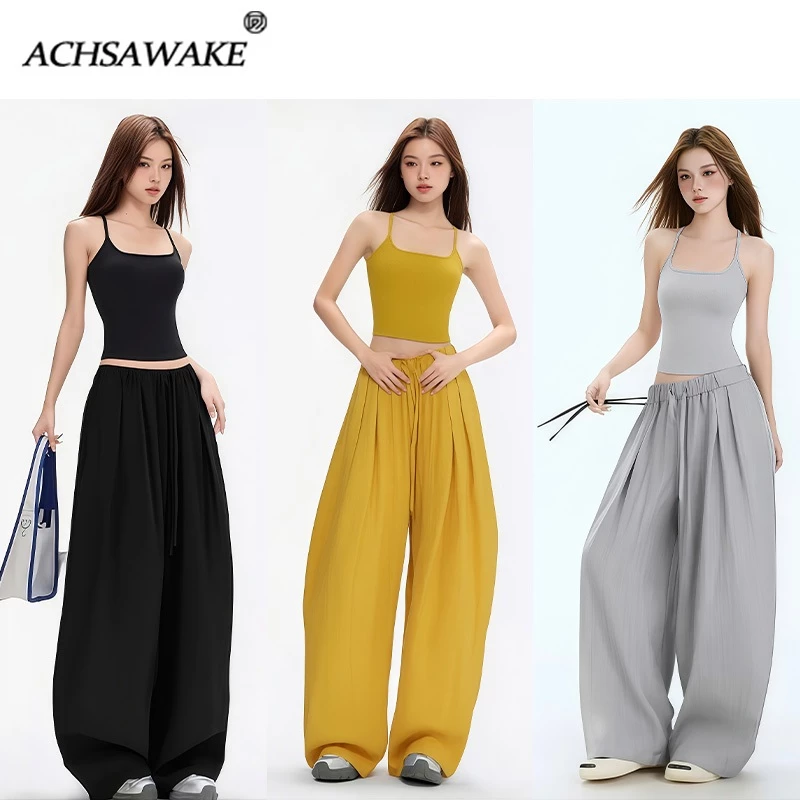ACHSAWAKE เซตผู้หญิง เสื้อกล้ามพอดีตัว + กางเกงขายาวเอวสูงขากว้าง หลวมสวย ใส่ทุกวัน