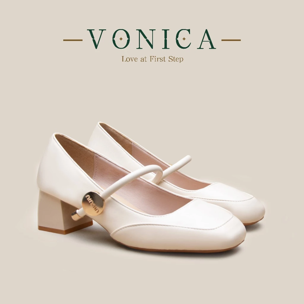 VONICA รองเท้าแมรี่เจนส้นสูง 2 นิ้ว หัวสี่เหลี่ยม หนังสีเบจ รองเท้าทำงานหญิง ดีไซน์สวยสง่า ใส่สบาย
