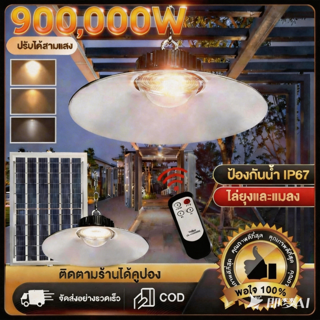 ไฟโซล่าเซล ไฟโซล่าเซลล์ติดเพดาน 900,000W โคมวินเทจ แสงสีขาว/เหลือง/อุ่น โคมไฟติดผนัง ไฟสปอร์ตไลท์ หลอดไฟวินเทจ