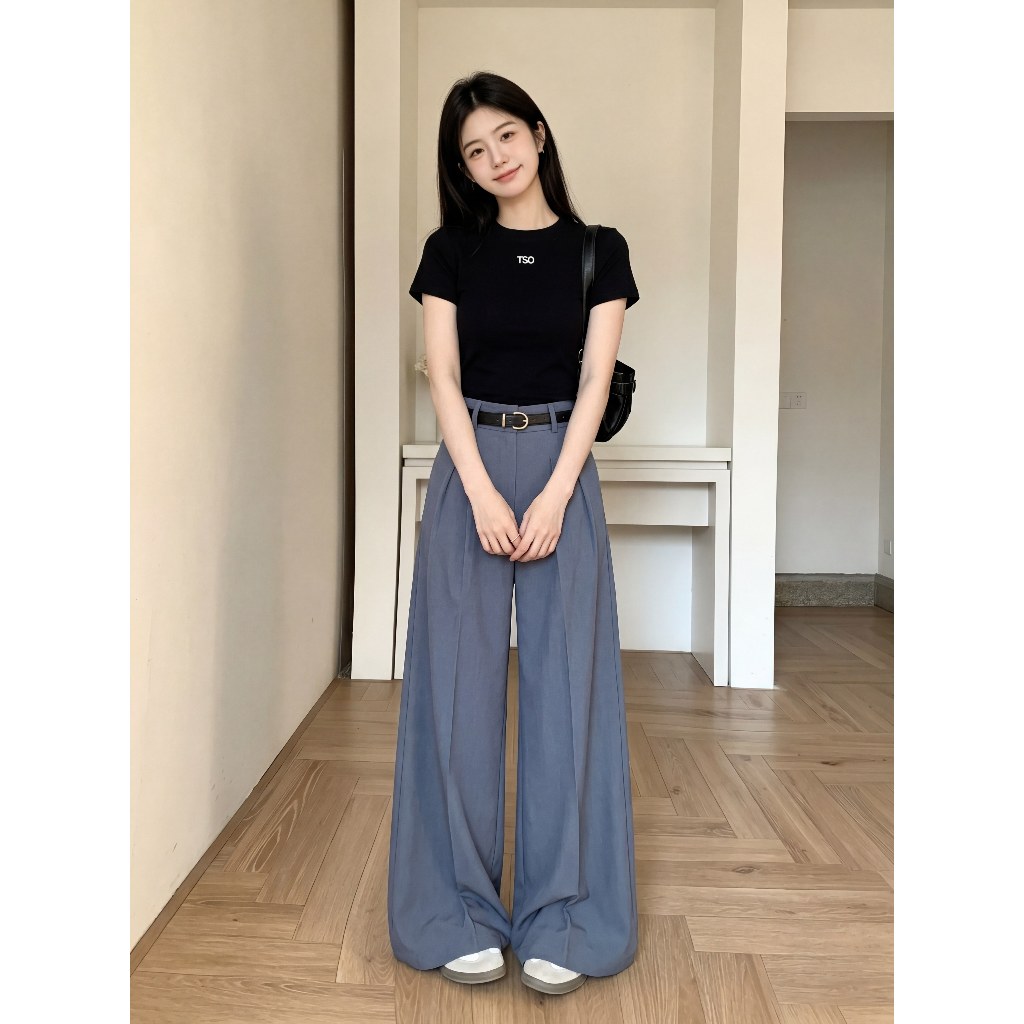 กางเกงกระบอกใหญ่ แต่งจีบ ผ้าสโนว์สลาฟ ใส่เเล้วดูผอม ใส่ทำงาน ระบายอากาศดี รูปที่ 5