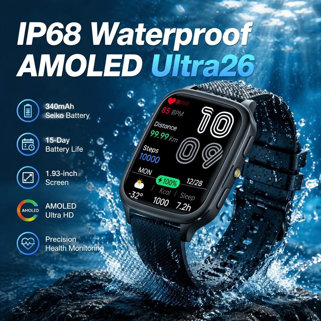 CASGOO Ultra 26 สมาร์ทวอทช์ Ip68 กันน้ำ Bluetooth Smartwatch เครื่องวัดสุขภาพ การจัดการฟิตเนส ไฟฉาย