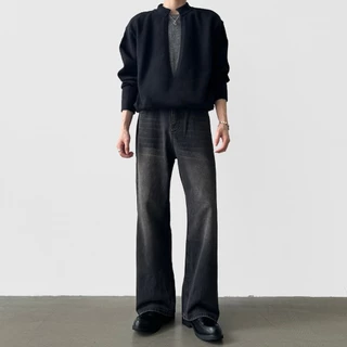 Baggy S-5XL กางเกงยีนส์ขายาวทรงตรงสีดำฟอกแบบเรโทรสำหรับผู้ชาย สไตล์เกาหลี
