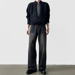 Baggy S-5XL กางเกงยีนส์ขายาวทรงตรงสีดำฟอกแบบเรโทรสำหรับผู้ชาย สไตล์เกาหลี