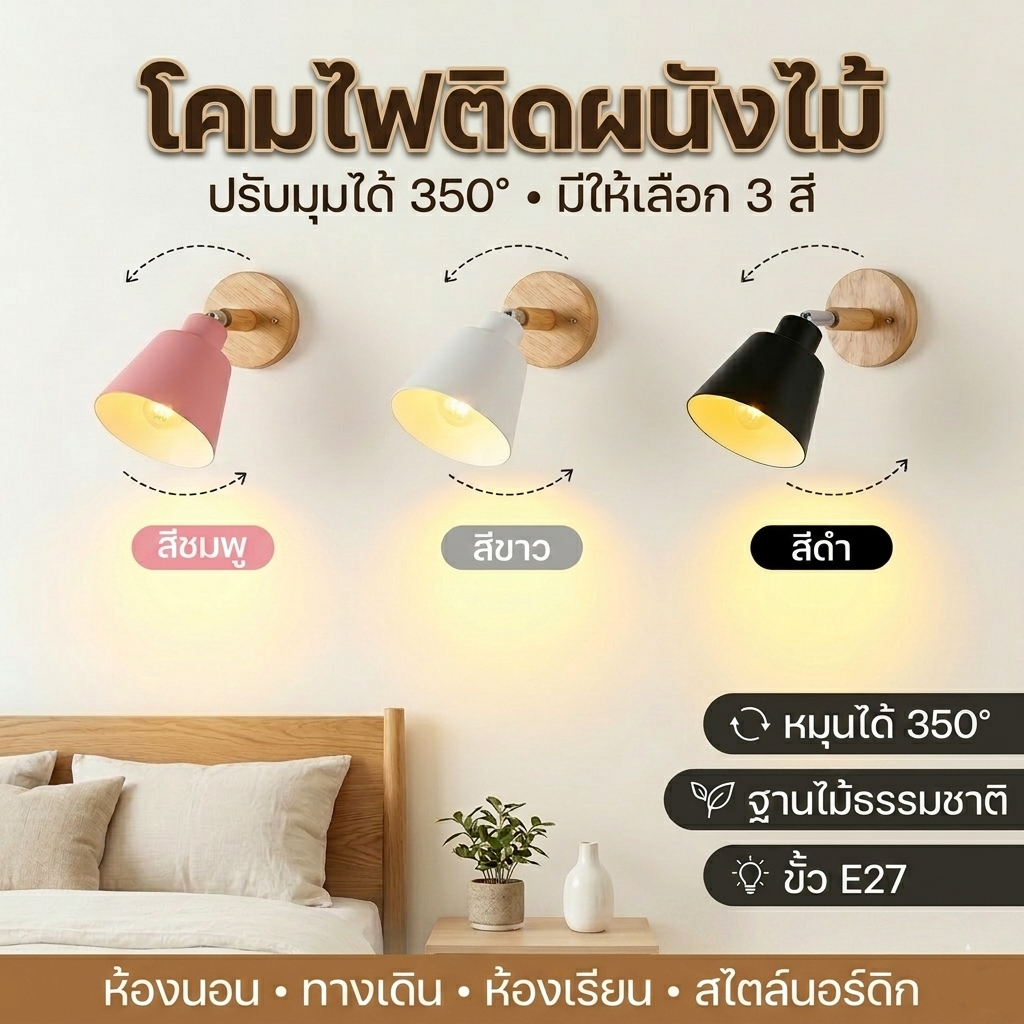 โคมไฟติดผนัง Wall Lamp ลายไม้ สไตล์นอร์ดิก E27 ปรับมุมได้ 3 สี ไฟแต่งห้อง ห้องนอน มินิมอล