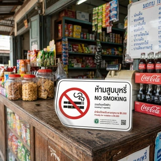 ป้ายห้ามสูบบุหรี่ สติ๊กเกอร์ (รวมถึงบุหรี่ไฟฟ้า) 🚭 NO SMOKINGสสส. ปรับ 5,000 กาวในตัวแบบ ติดแน่นทนทานไม่หลุดง่าย
