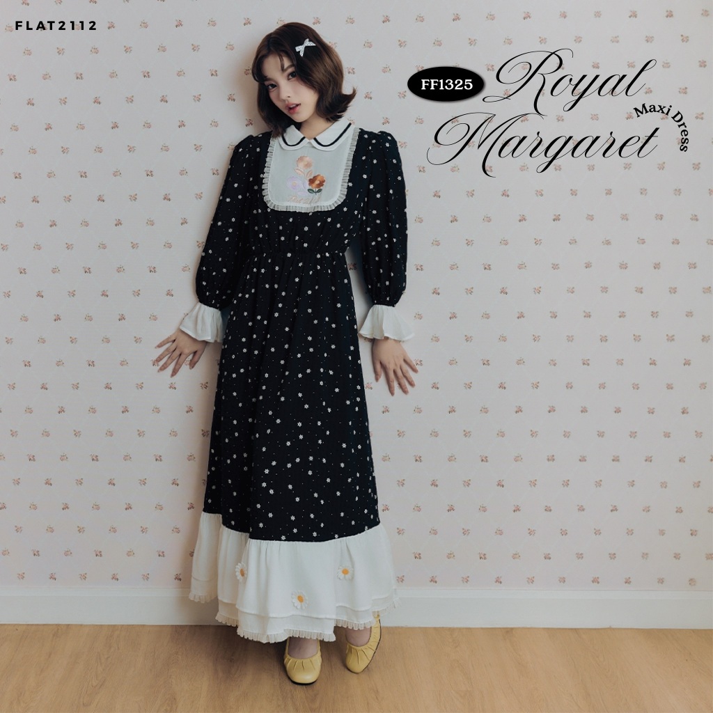 FLAT2112 : MIDNIGHT DAISY MAXI DRESS เดรสยาว ดำลูกคุณ ลุคแพง เดรสทรงปล่อย ใส่สบาย พรางหุ่น เดรสสีดำหวานๆ (FF1325)