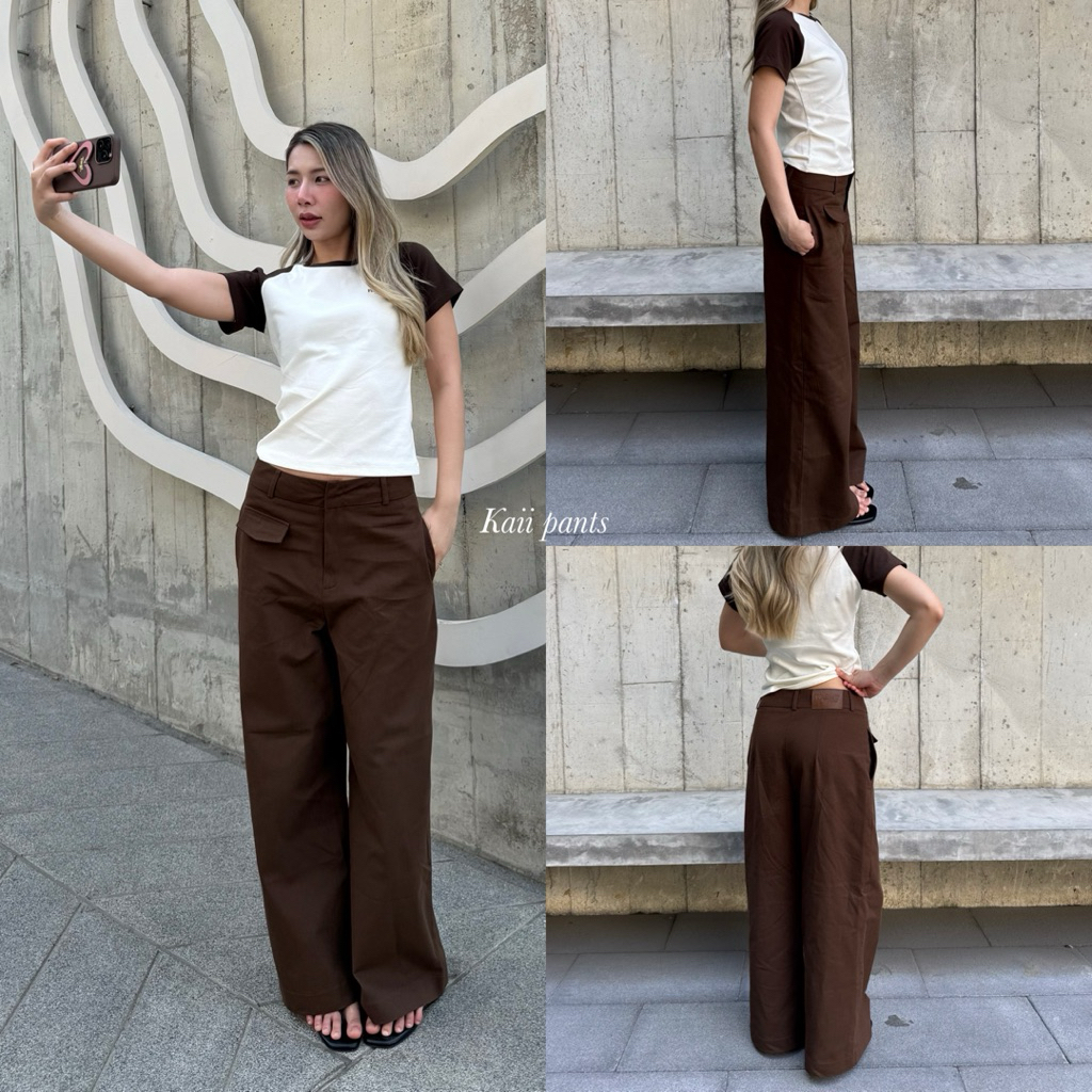 Kaii pants กางเกงขายาว ผ้ายีนส์ เอวกลาง ขากระบอกใหญ่กึ่งบาเรล