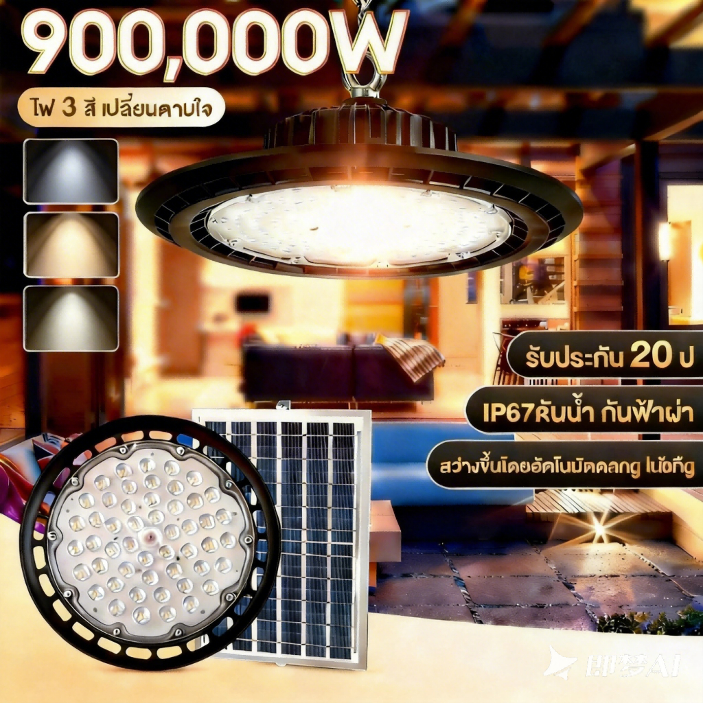 ไฟโซล่าเซลล์ ไฟโซล่าเซลล์ติดเพดาน LED กันน้ำ โคมไฟโซลาร์เซลล์ 900,000W โคมวินเทจ แสงสีขาว/เหลือง/อุ่น ไฟสปอร์ตไลท์