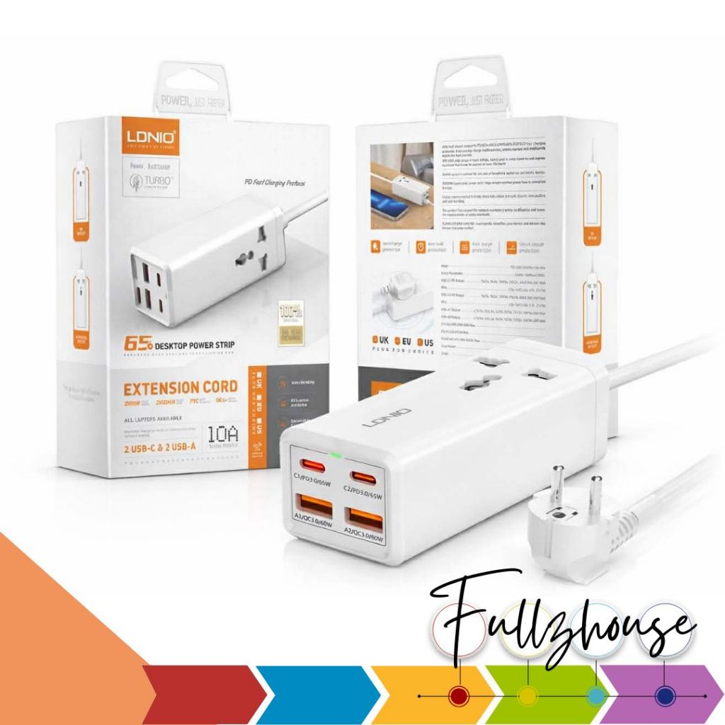 จัดส่งด่วน LDNIO SC1418 ปลั๊กพ่วงชาร์จเร็ว Desktop Power Strip 65W USB-Cx2 USB-Ax2 ACx1 สายยาว 2 ม. 