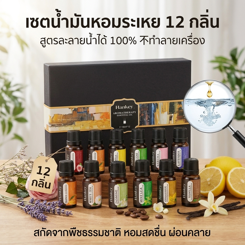 【Hankey】ชุดน้ำมันหอมระเหยสำหรับอโรมาเธอราพีชนิดละลายน้ำได้ น้ำหอมเข้มข้น ติดทนนาน （แพ็ค 6 ขวด / แพ็ค 12 ขวด） – โปรปัง