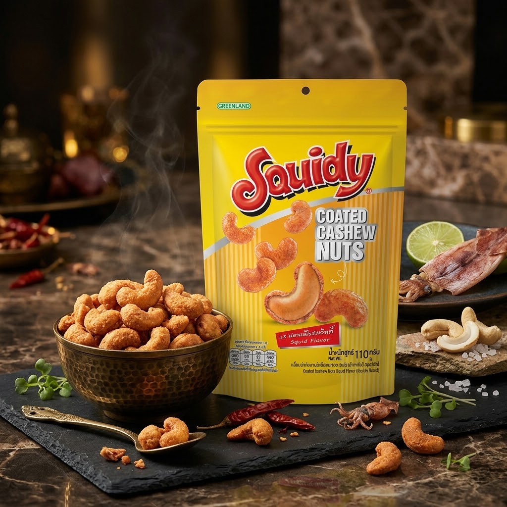 สควิดดี้ เมล็ดมะม่วงหิมพานต์อบกรอบเคลือบรสปลาหมึก 110 กรัม (แพ็ก 6 ชิ้น)