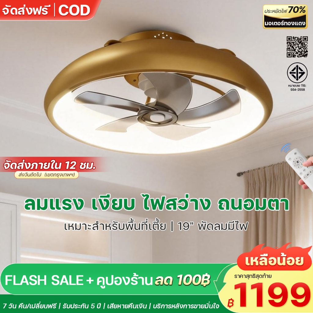 พัดลมเพดานสีทอง ขนาด 19 นิ้ว พร้อมมอเตอร์ DC ปรับได้ 6 สปีด การตั้งค่าแสง 3 ระดับ รีโมทคอนโทรล ฟังก์ชันย้อนกลับ/ตั้งเวลา