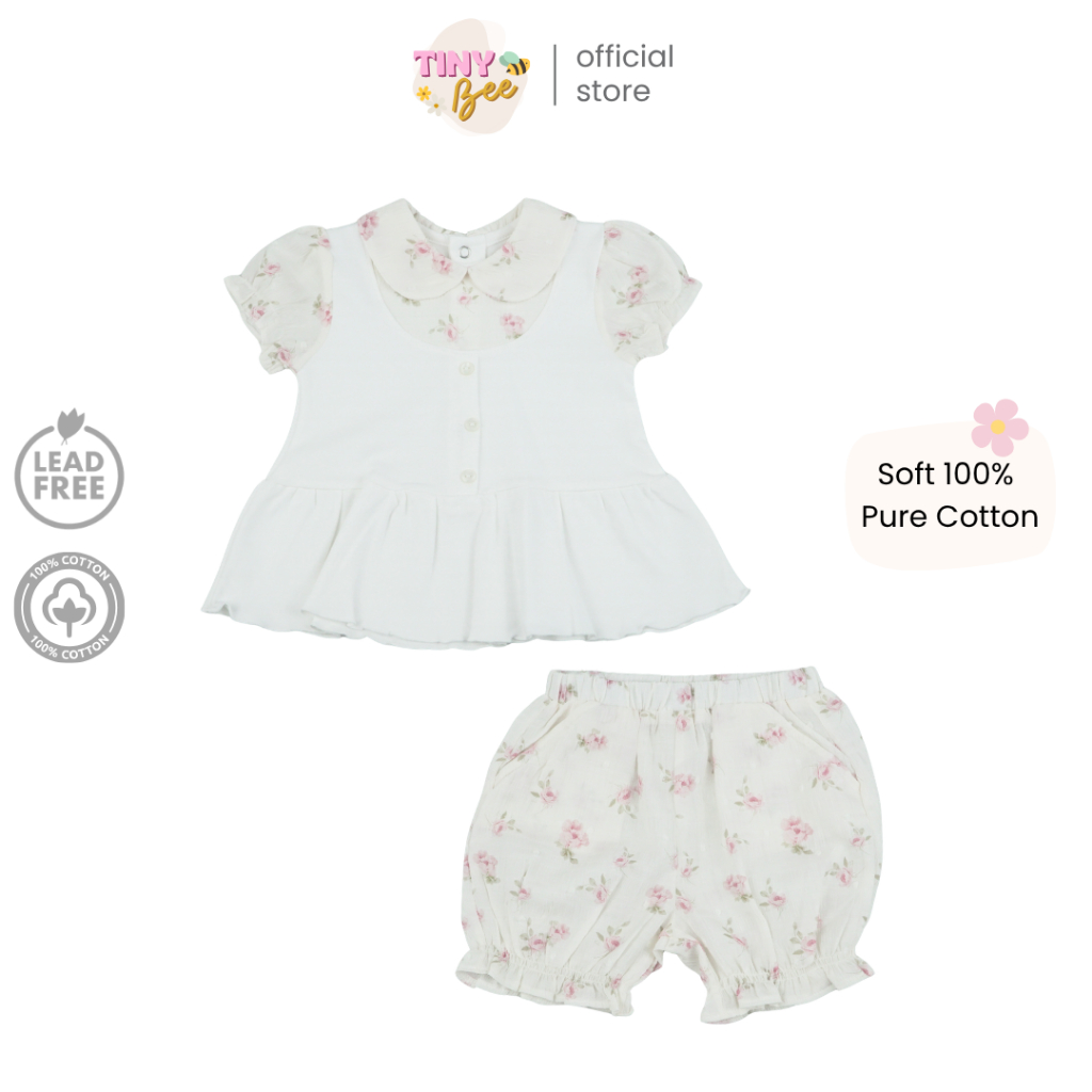 TinyBee เซ็ตเสื้อเด็กผู้หญิงพร้อมกางเกง ชุดเด็กแรกเกิด ผ้าฝ้าย แขนตุ๊กตา อายุ 3 เดือนถึง 24 เดือน