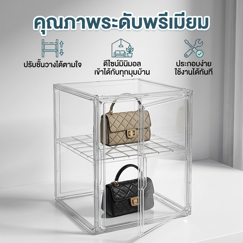 กล่องอะคริลิกคุณภาพสูง กล่องโชว์กระเป๋า กล่องใส่โมเดล ตู้โชว์โปร่งใส กันฝุ่นกันความชื้น จัดระเบียบ ตกแต่งบ้าน ห้องแสดงผล