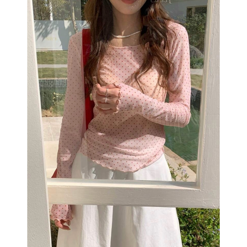🇹🇭• พร้อมส่ง เสื้อแขนยาวลายจุด สีชมพูนม กึ้งซีทรู (งาน size)