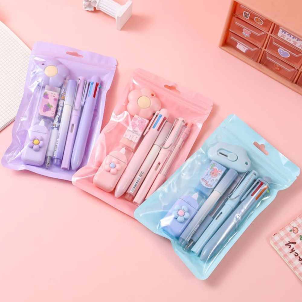 ชุดเครื่องเขียน 7 ชิ้น ครบเซ็ท ปากกา / ดินสอ / เทปลบคำผิด / คัตเตอร์ สำหรับนักเรียน ส่งจากไทย!!!