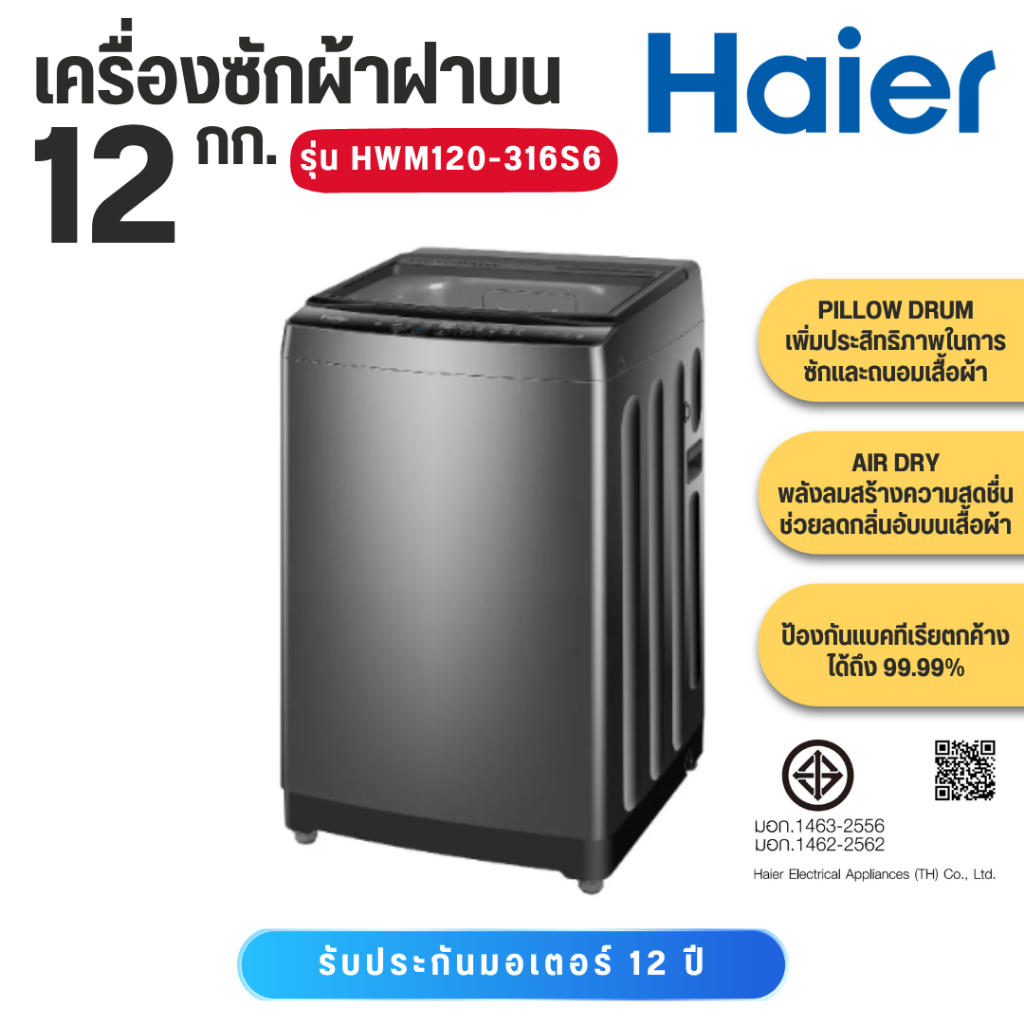 HAIER เครื่องซักผ้าฝาบน 12 Kg. รุ่น HWM120-316S6 / 15 kg รุ่น HWM150-316S6