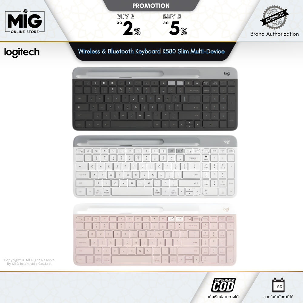 Logitech คีย์บอร์ดไร้สาย Wireless & Bluetooth Keyboard K580 Slim Multi-Device รับประกัน 1 ปี