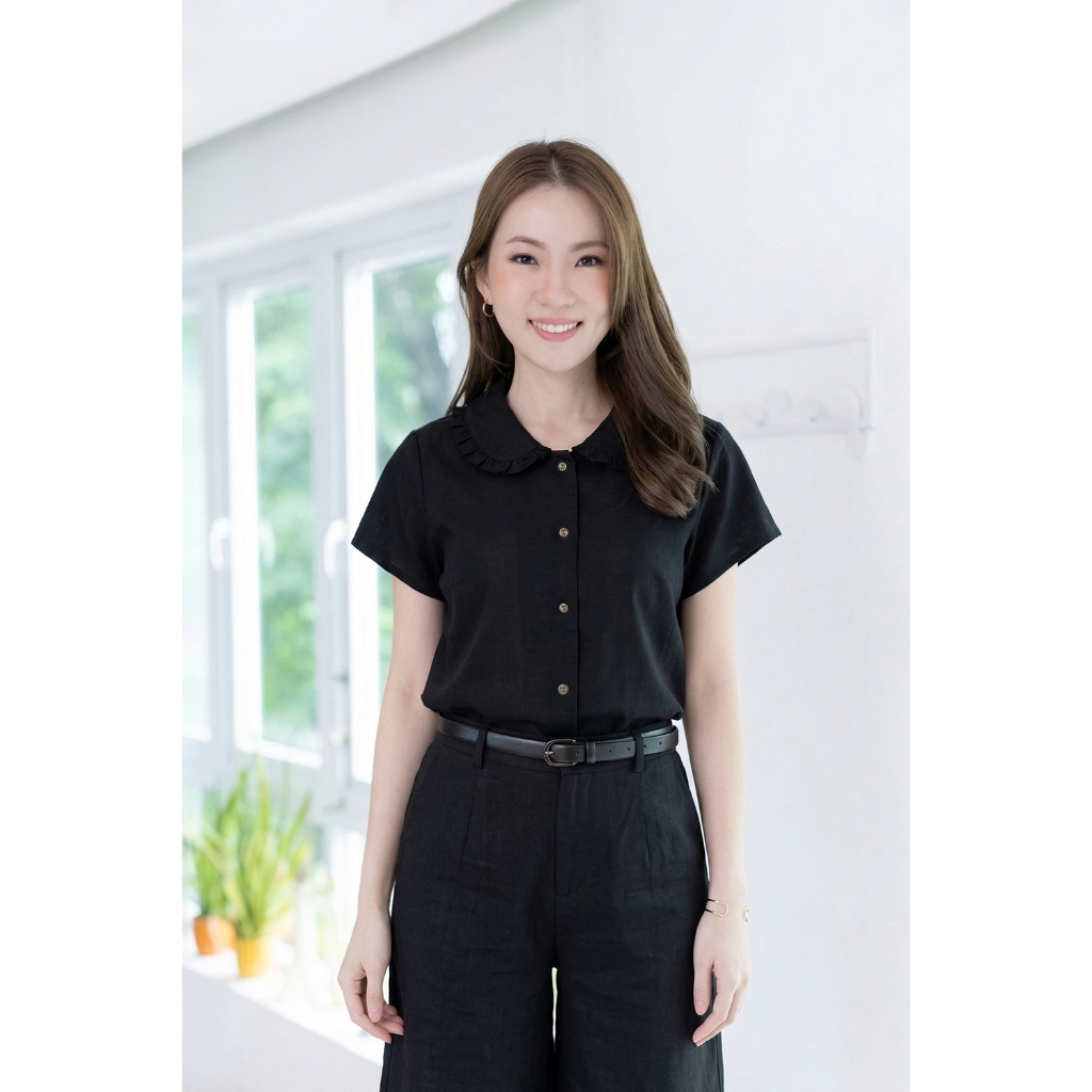 Narinari : PT0245 Frill Peter Pan Collar Shirt – เสื้อเชิ้ต แขนสั้น คอตตอน ลินิน