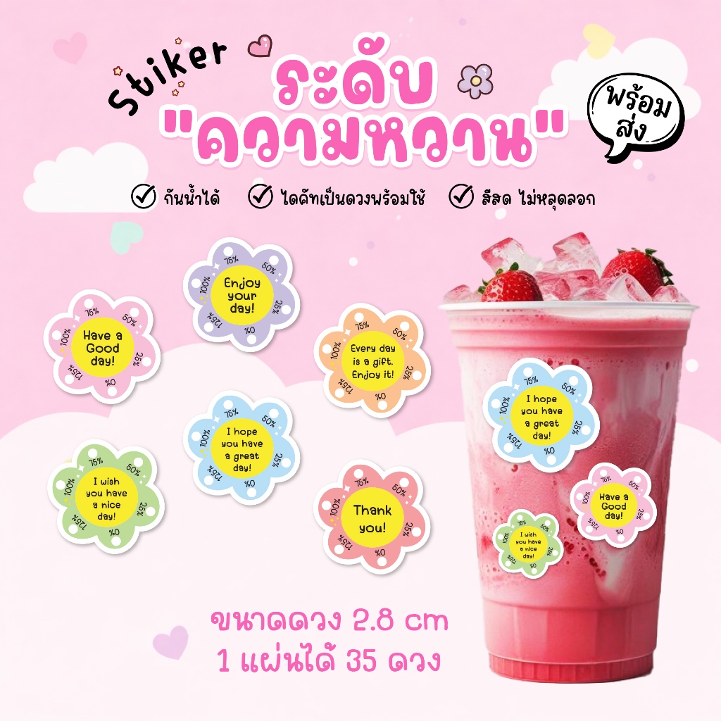 สติ๊กเกอร์ ระดับความหวาน ติดเครื่องดื่ม ติดข้างแก้ว หวานน้อย ไม่หวาน กันน้ำ 100% 1 แผ่นได้ 35 ดวง