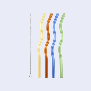 RikiRiki หลอดดูดน้ำ หลอดแก้ว สี แบบโค้ง หลอดดูดน้ำรักษ์โลก ผลิตจากแก้วคุณภาพสูง ดีไซน์ทรงคลื่น สวยงามสะดุดตา 5ชิ้น/แพ็ค